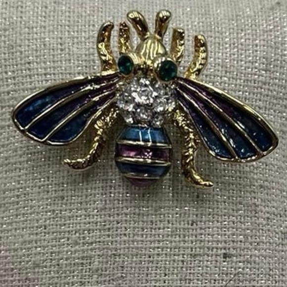 Bumble Bee Multicolor Blue Purple Enamel Gold Tone Brooch - Picture 1 of 13